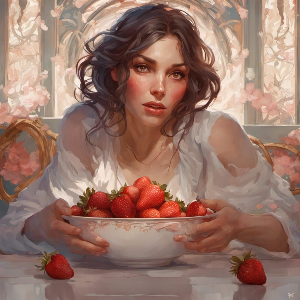 Dreamy Portrait of Woman with Strawberries, Hyperdetailed Ar...