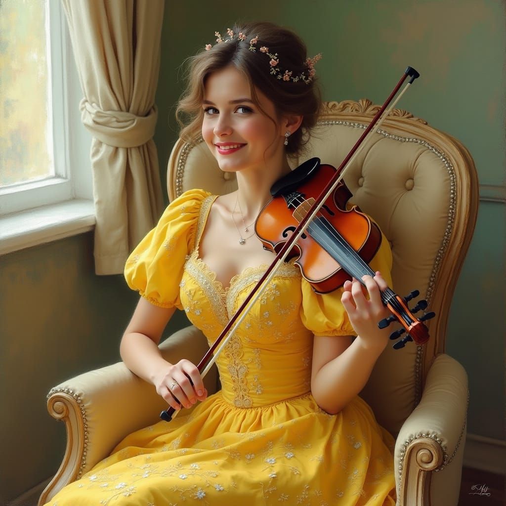 Elegant Woman in Yellow Silk Dress with Violin, Impressionis...
