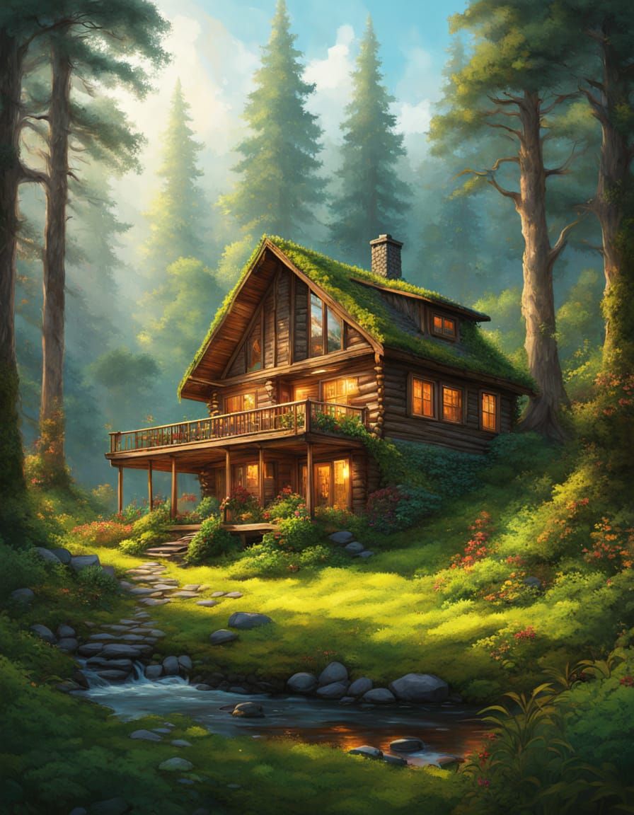 Cozy Cabin in Misty Forest: Hyperrealistic Concept Art