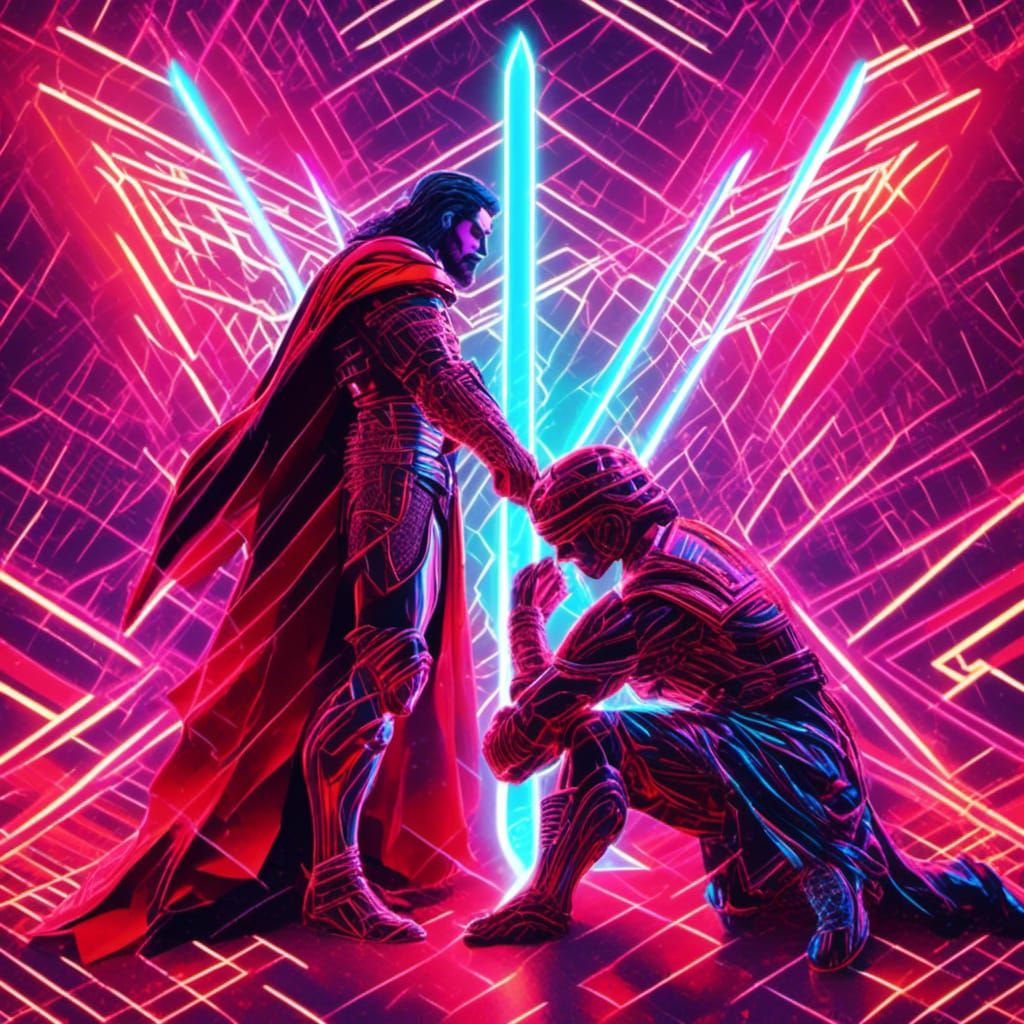 Jesus Christ Knighting Superman in Synthwave Neon Style