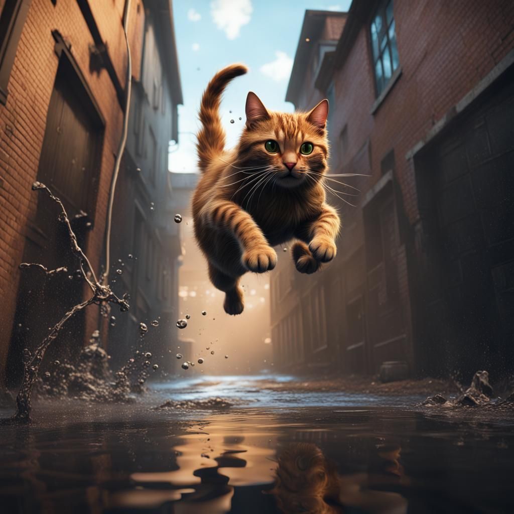 Giant Cat Splashes into Alley Puddle