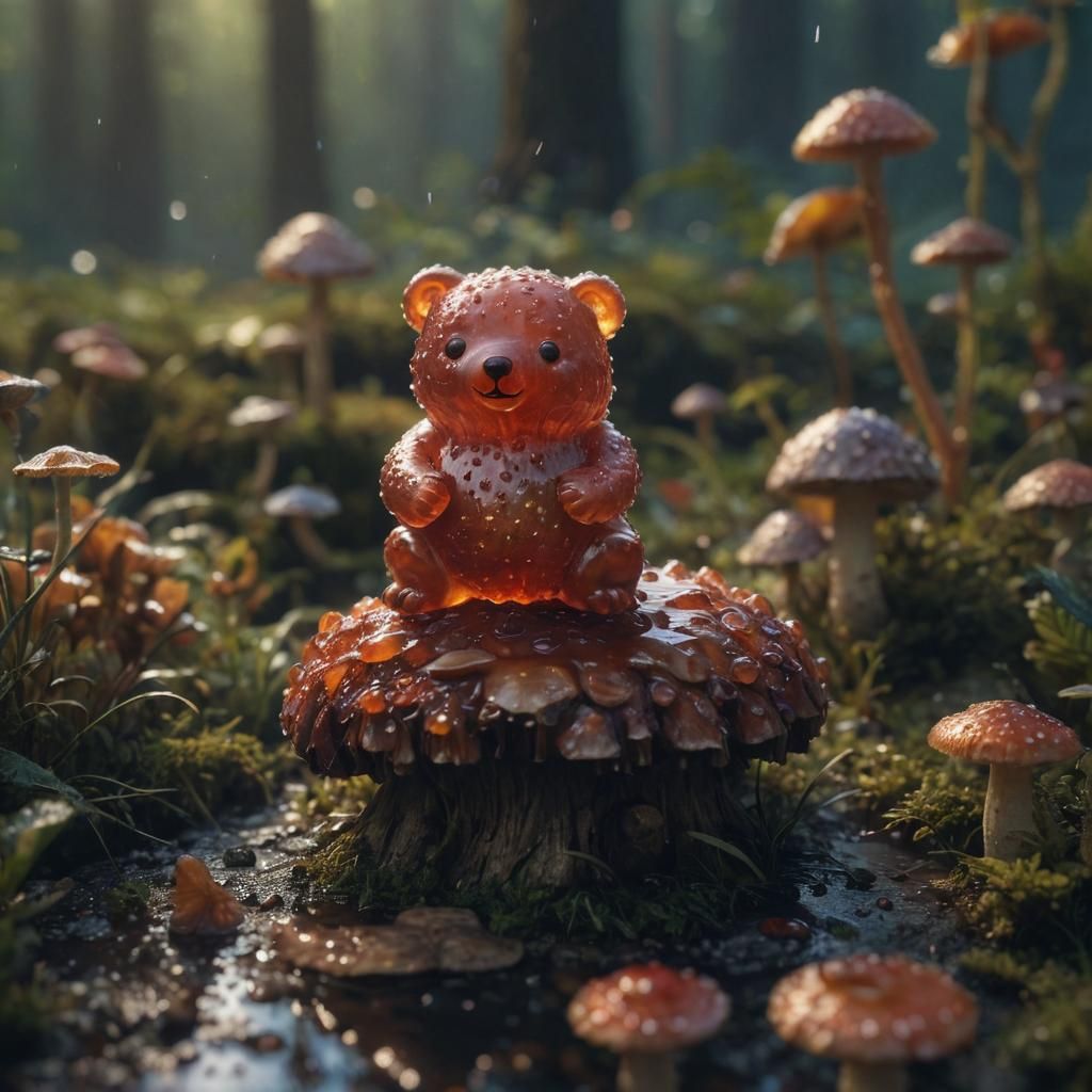 Tiny Jelly Bear on Mushroom: Macro Photography