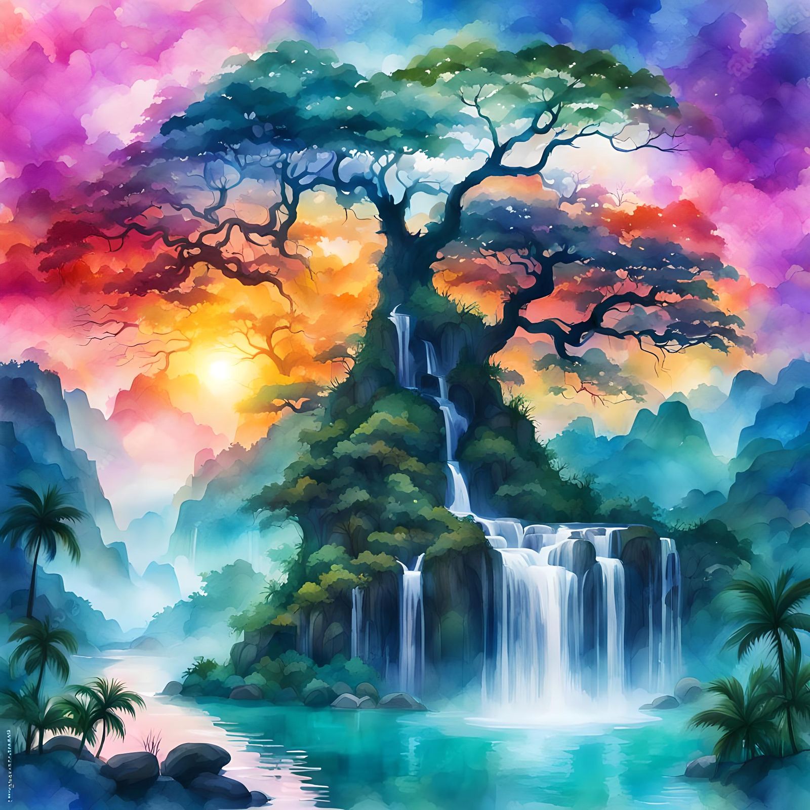Thai Tree Silhouette with Waterfall: Watercolor Art