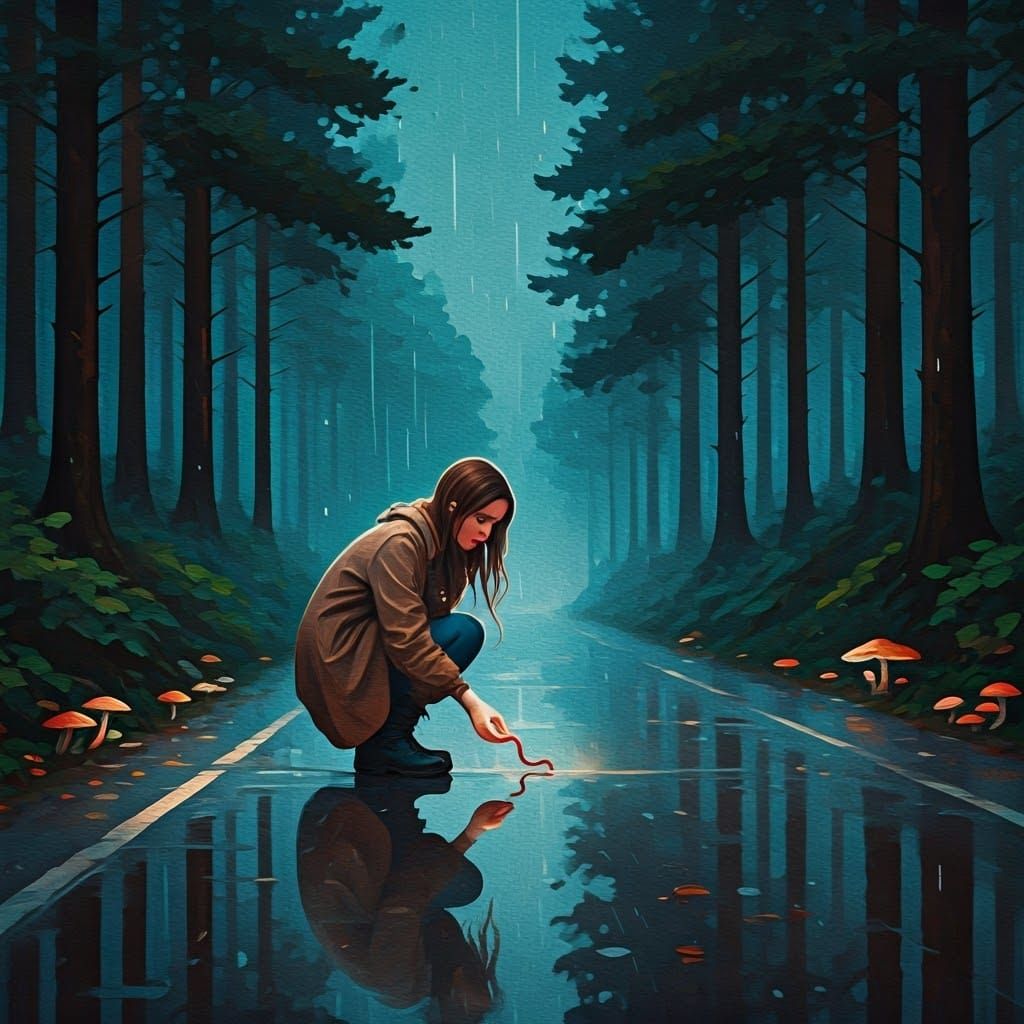 Woman and Worm: Dreamlike Neo-Impressionist Night Scene