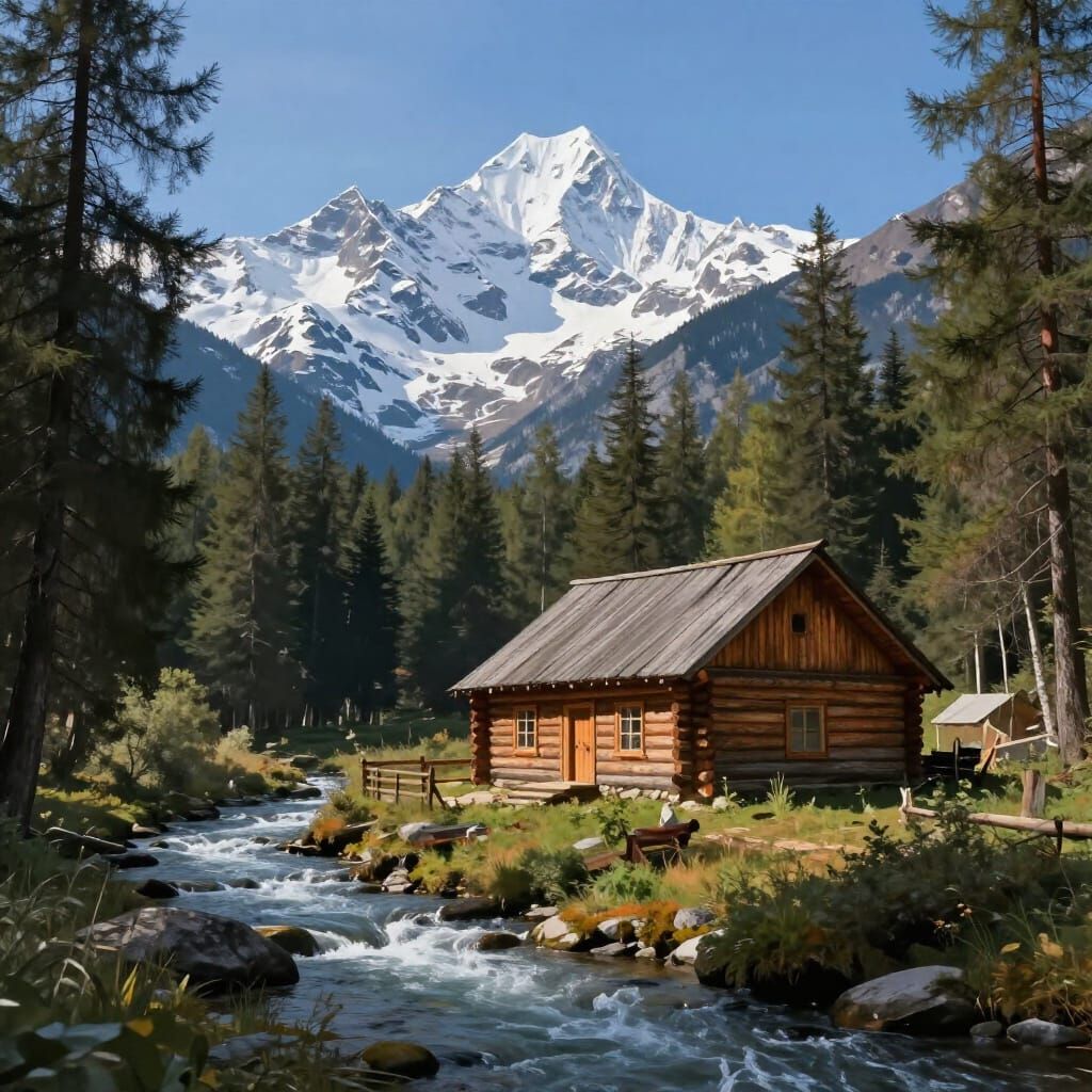 Epic Log Cabin in Mountains Digital Matte Painting