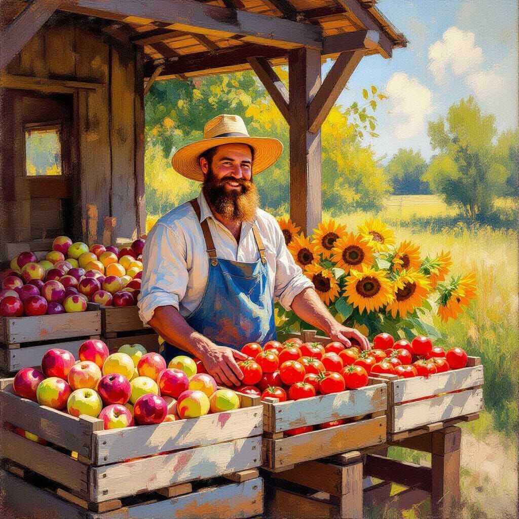 Impressionist Farmstand Scene in Golden Light
