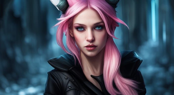 Biopunk Girl with Cat Ears and Colorful Hair