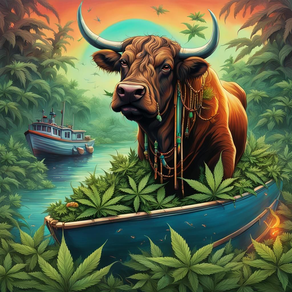 Hippy Bull on Fishing Boat in Marsh, Splash Art
