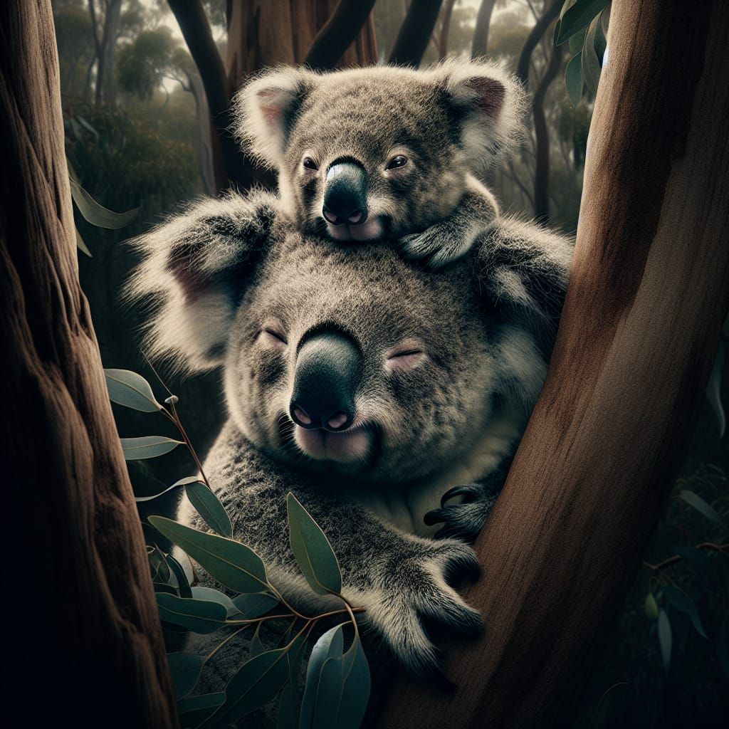 Sleepy Koala Cub in Eucalyptus Tree
