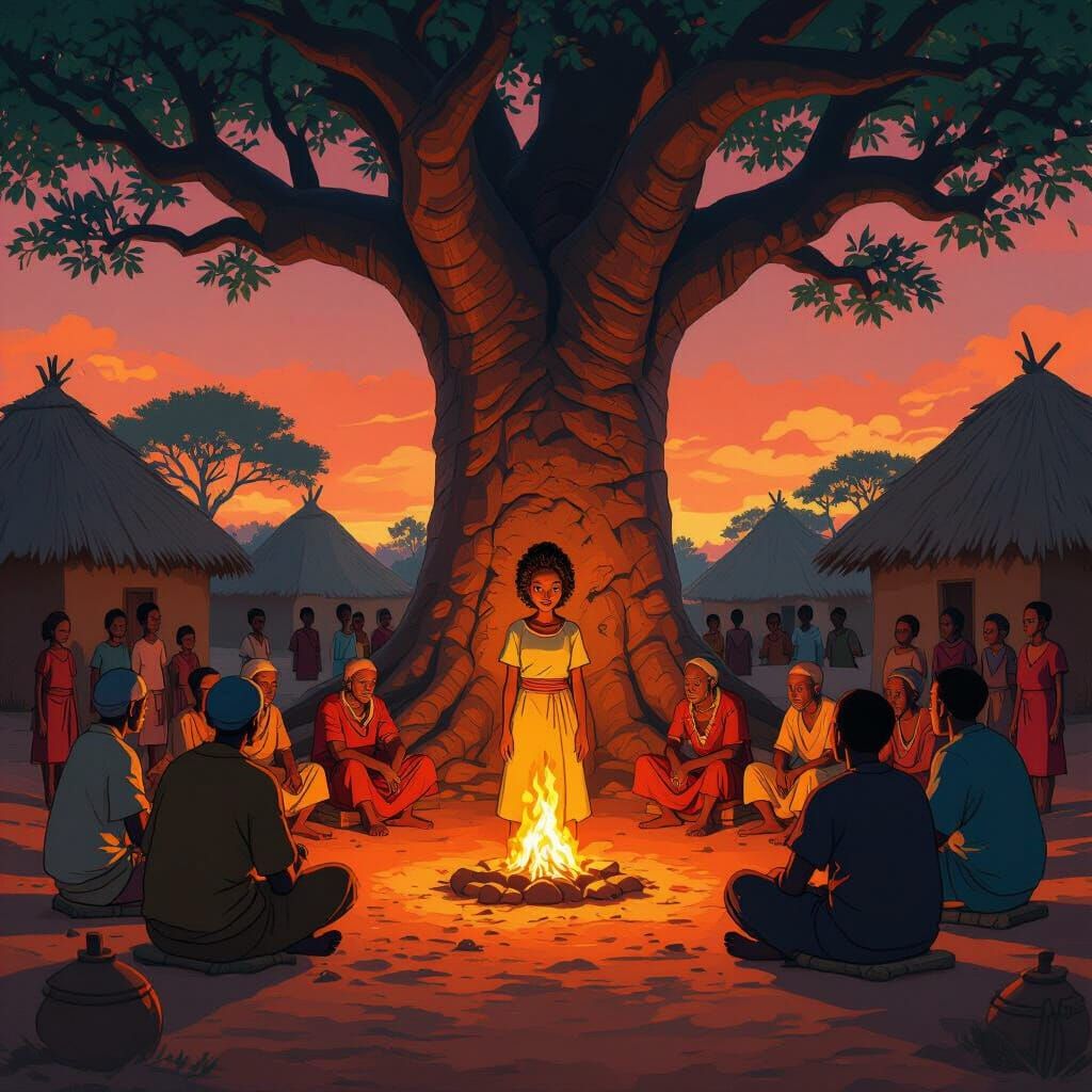 African Village Scene Under Baobab Tree