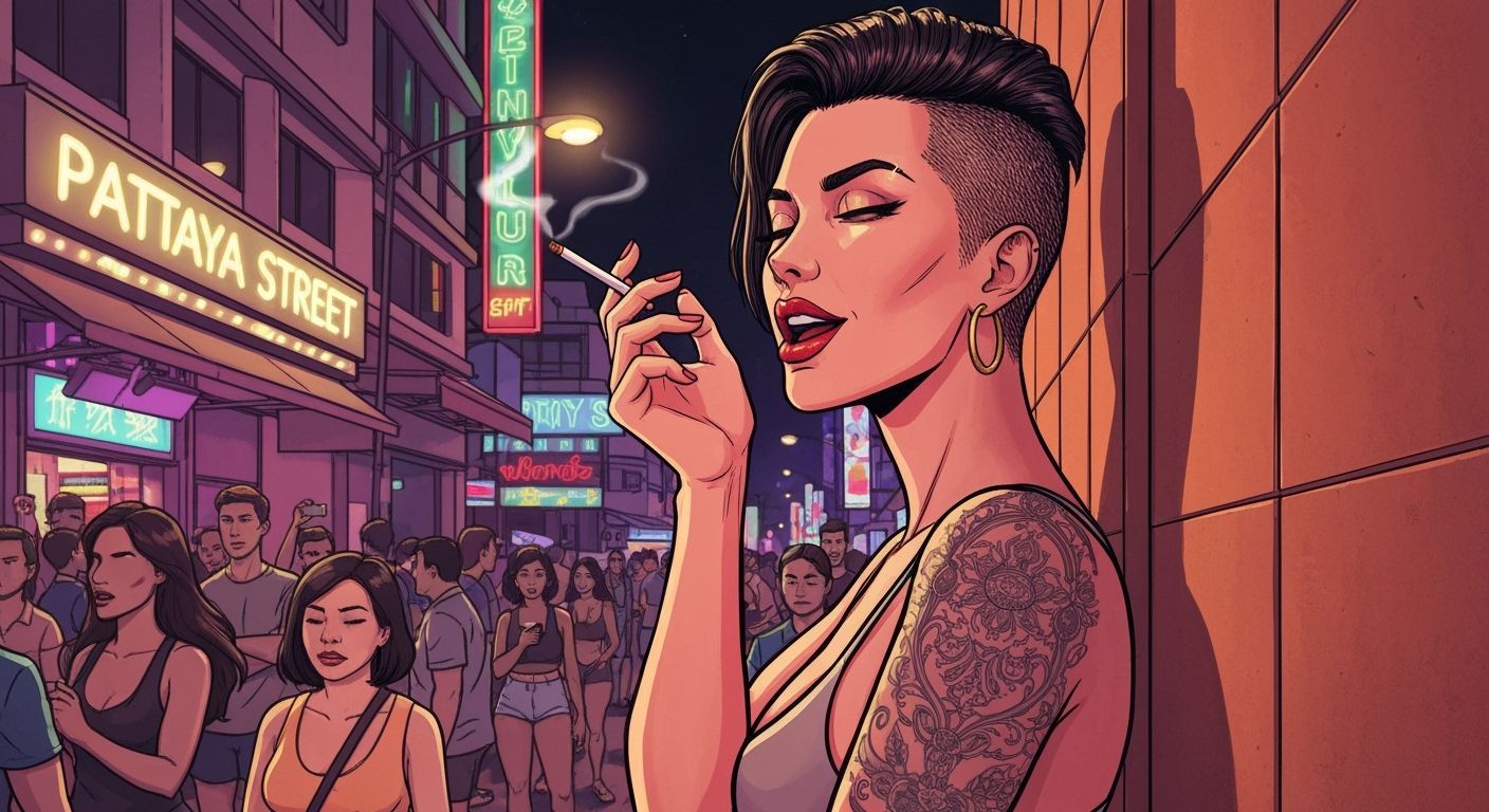 Pattaya Walking Street Cartoon Scene with Thai Woman