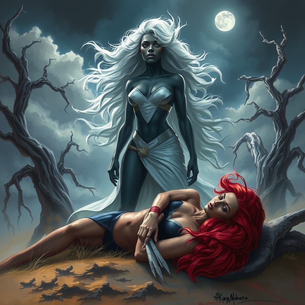 Storm Confronts Jean Grey in a Turbulent, Mystic Landscape