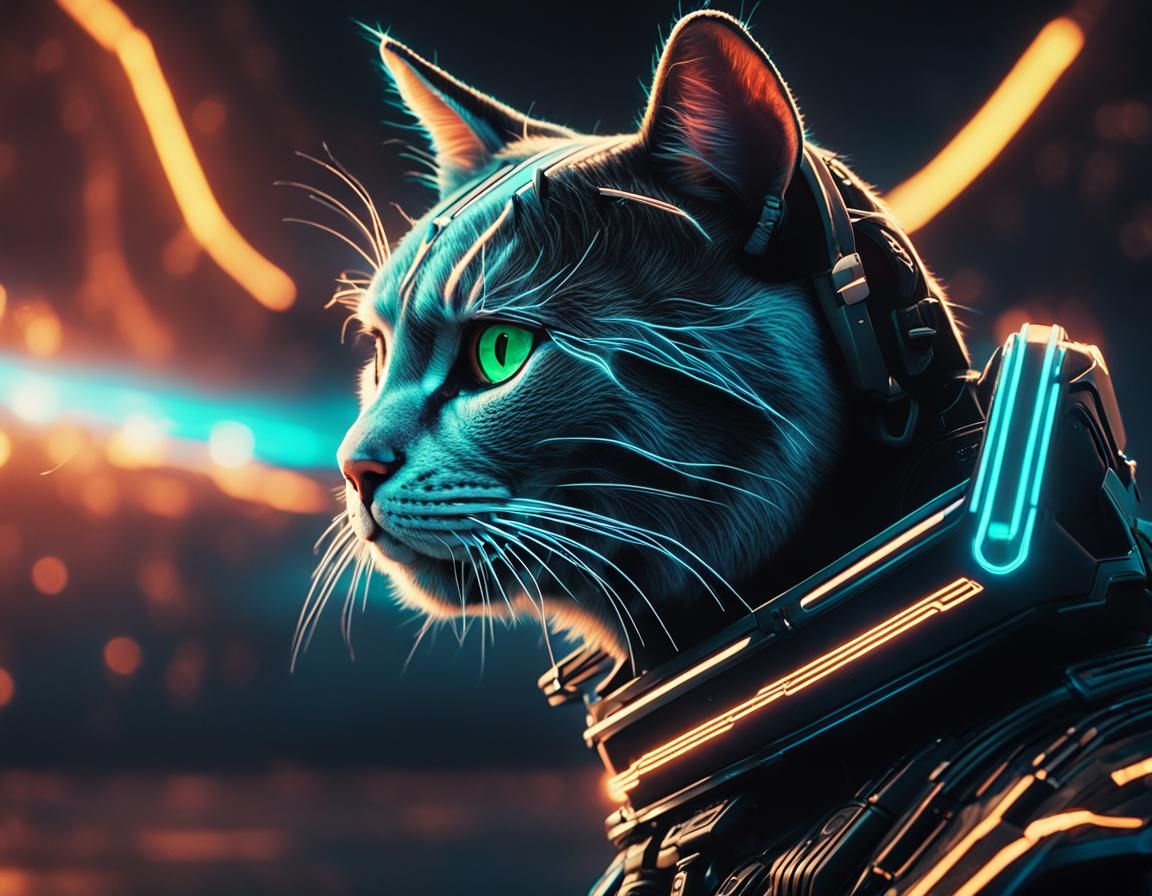 Tron Style Lightwave Cat in Cyberpunk Style