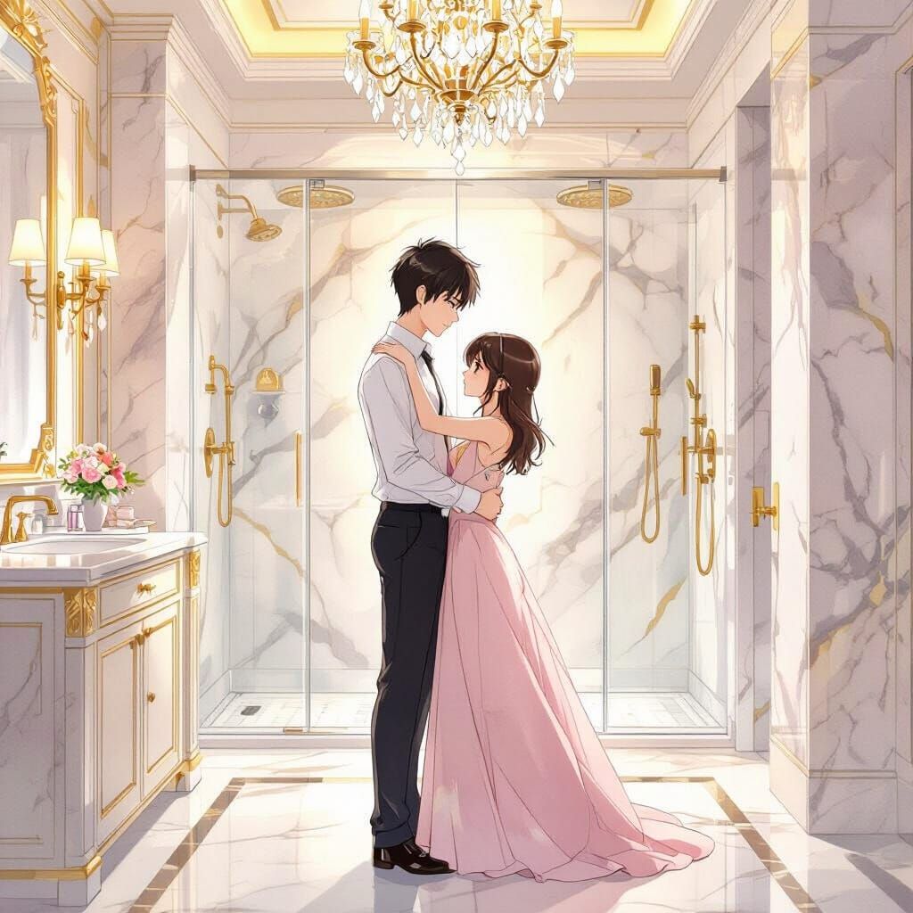 Anime Man Rejects Girl in Lavish Bathroom, Watercolor Style