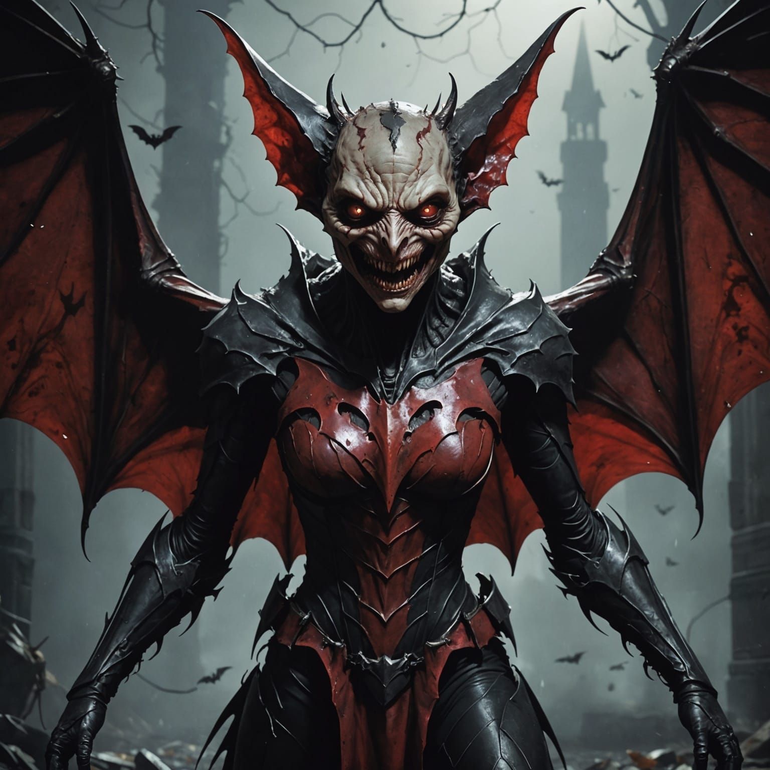 Disturbing Bat Humanoid in Blood-Soaked Dungeon