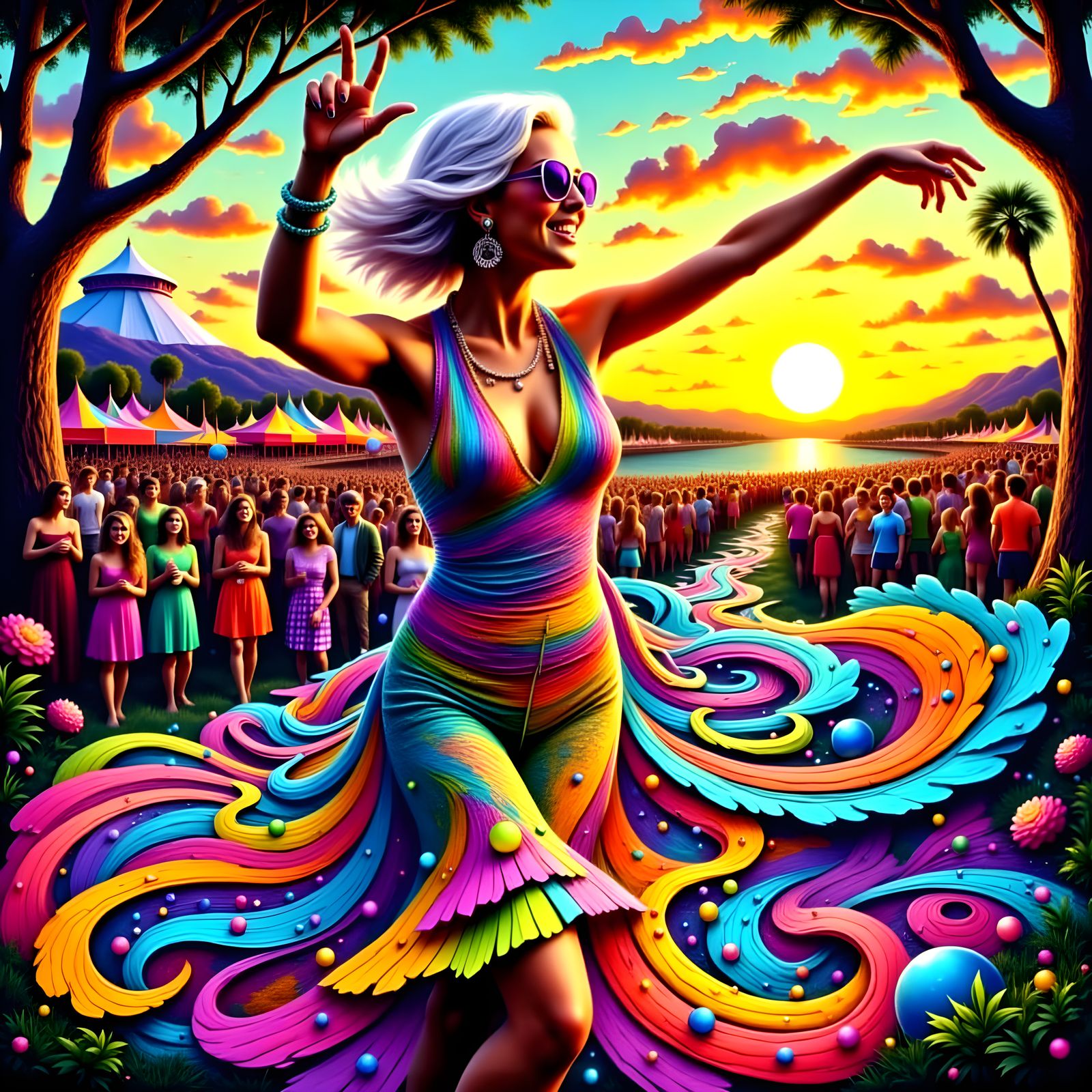 Fit Octogenarian Woman Dancing at Rock Festival in Psychedel...