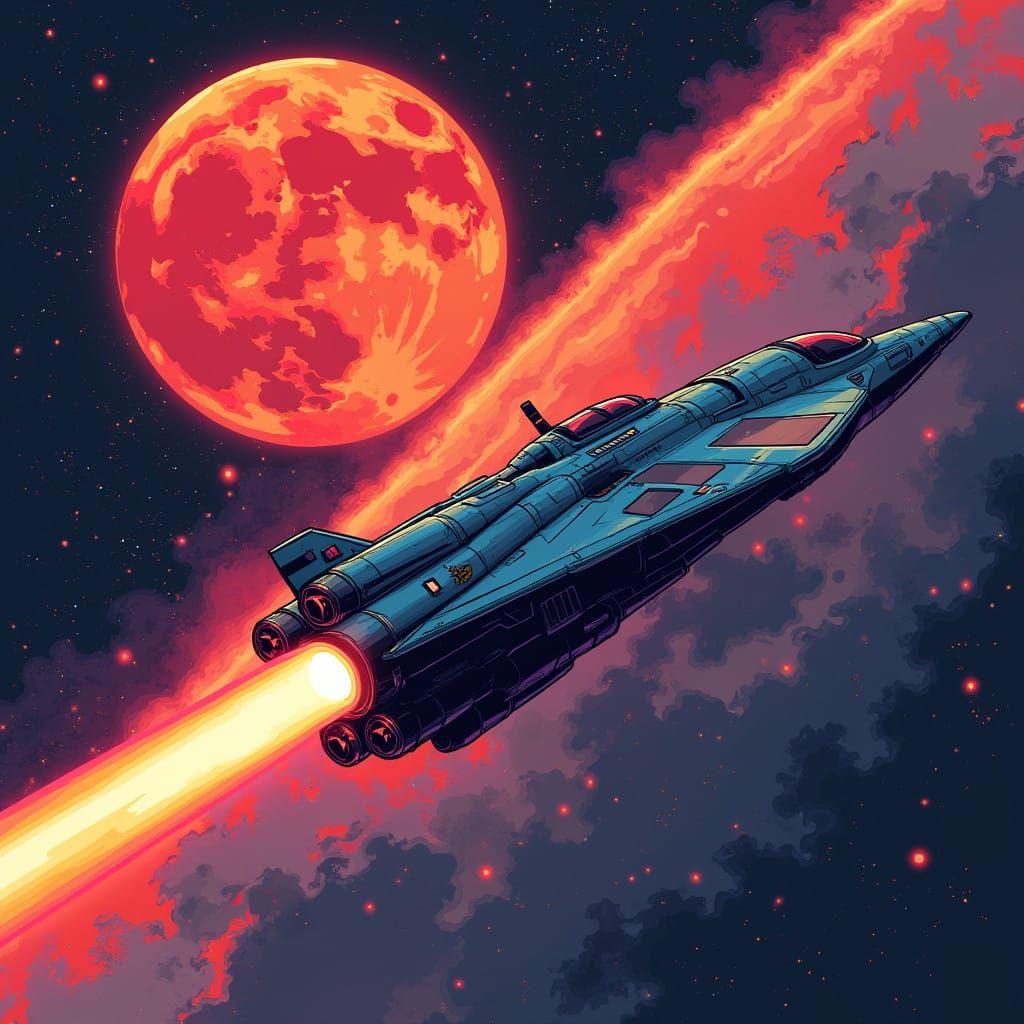 Bold Sci-Fi Space Ship Firing Laser Above Red Moon