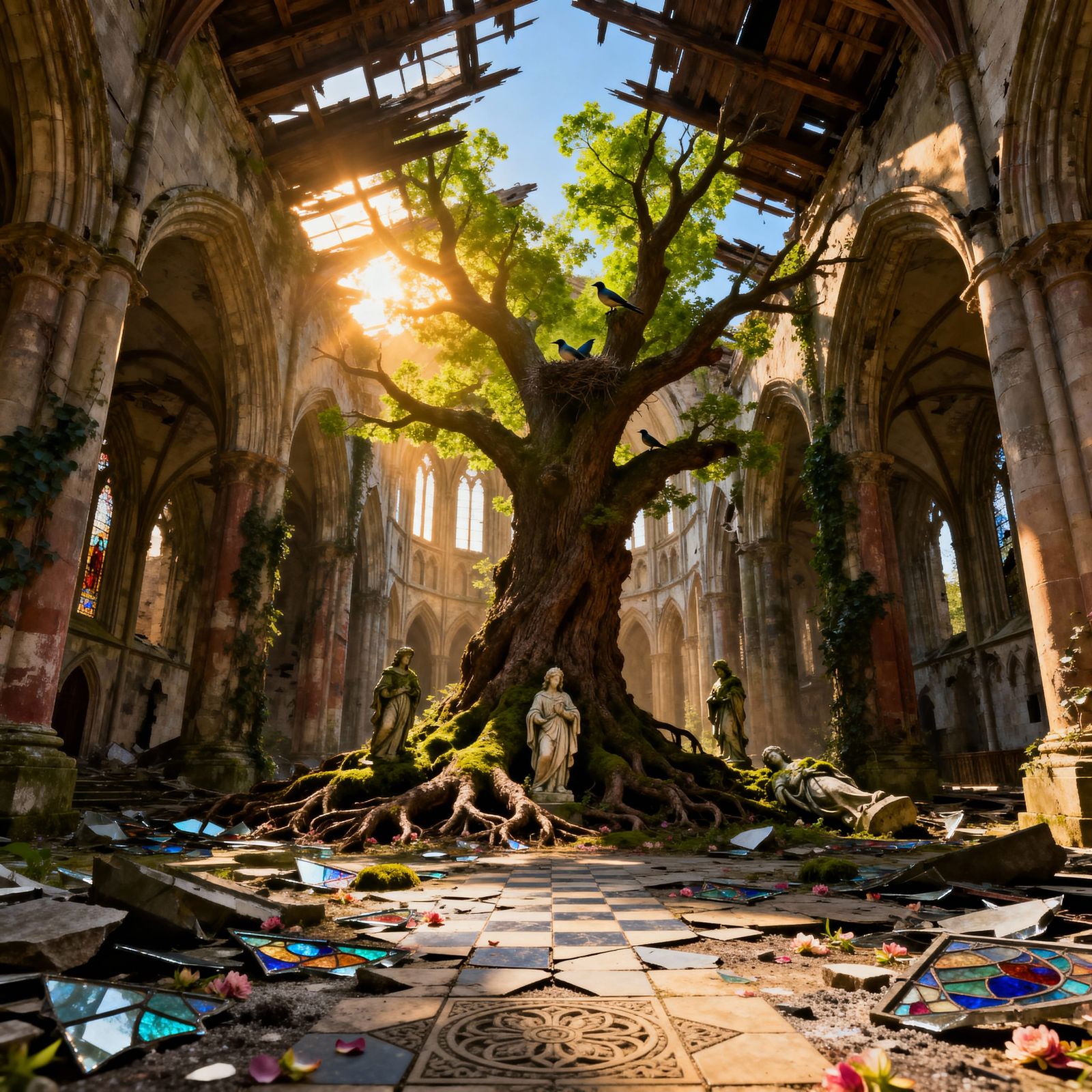 Ruined Gothic Cathedral Interior with Ancient Oak Tree