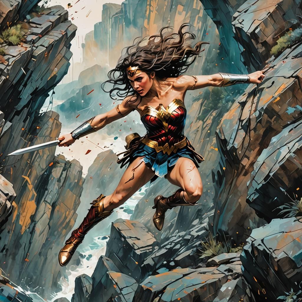 Wonder Woman Leaps: An Impressionist Gouache Masterpiece