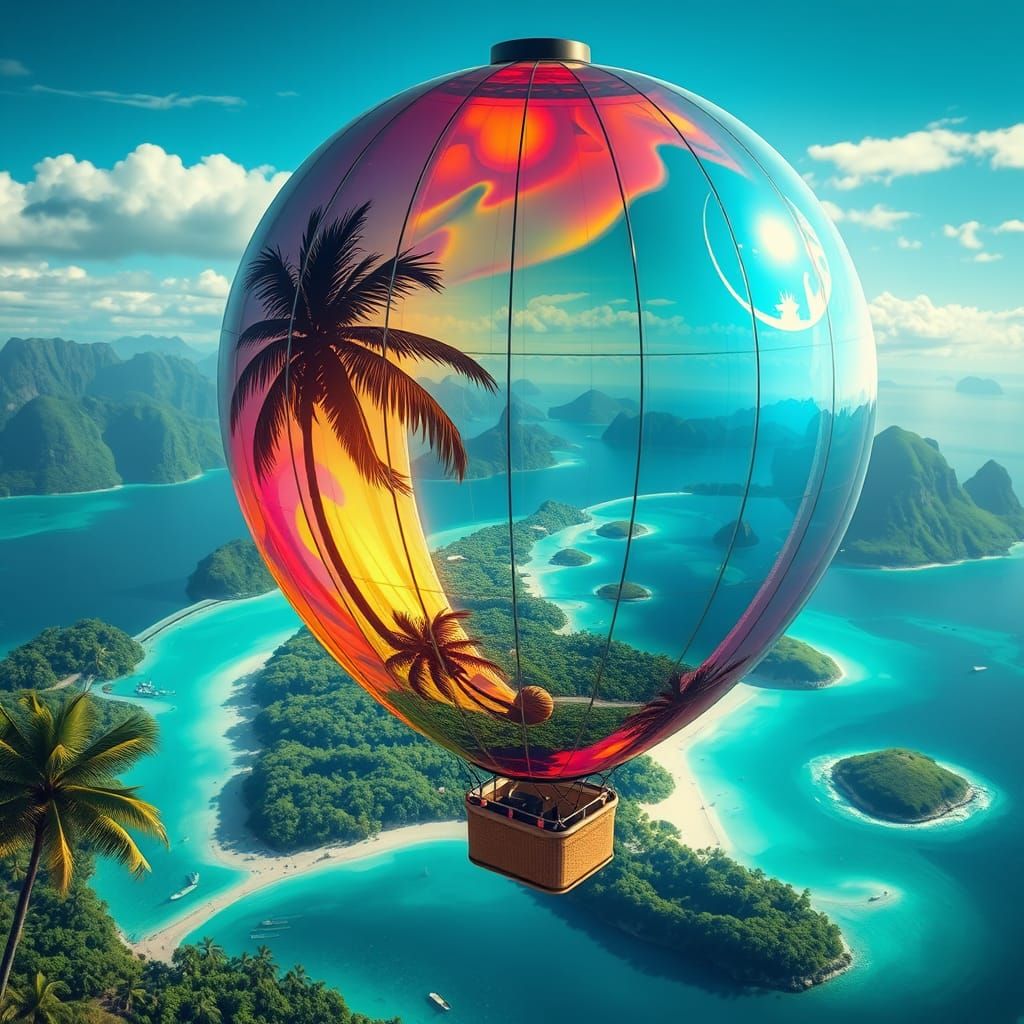 Glass Hot Air Balloon Over Polynesian Archipelago in Escher-...