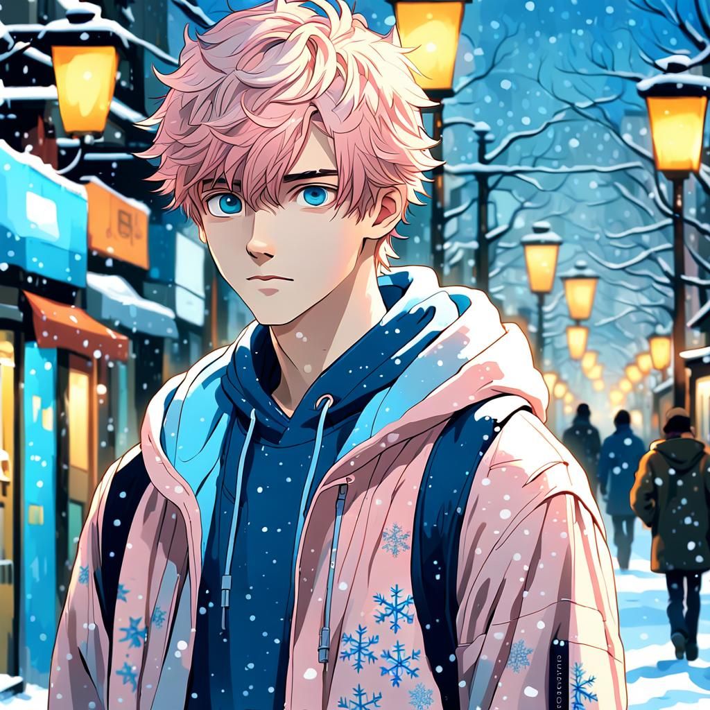 Anime Boy Walking in Snowy Tokyo Street