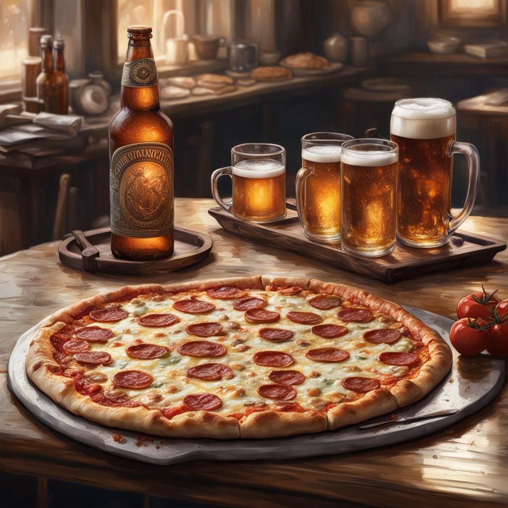 Hyperdetailed Pizza with Beer and Tums, Digital Art