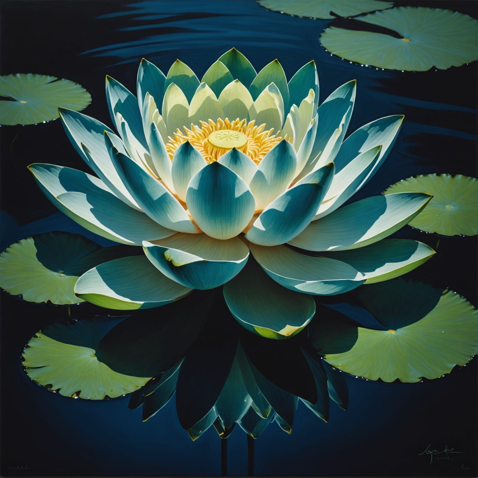 Glowing Lotus Flower on Still Water in Abstract Style