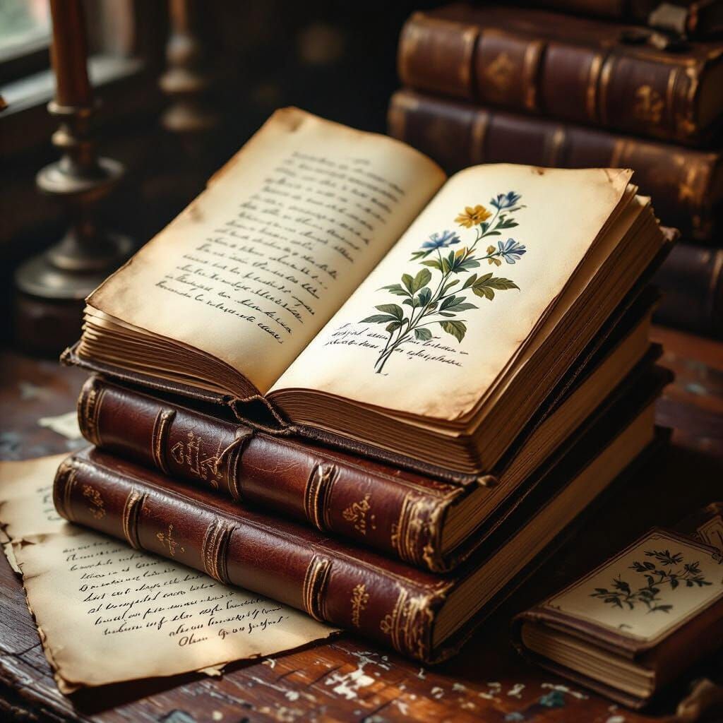 Vintage Notebooks With Calligraphy and Botanical Art