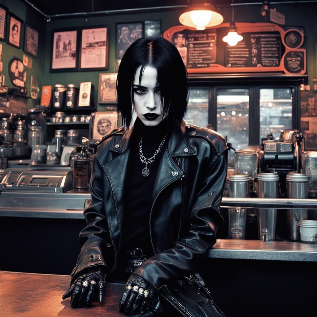 Goth Model in Cyberpunk Coffee Shop