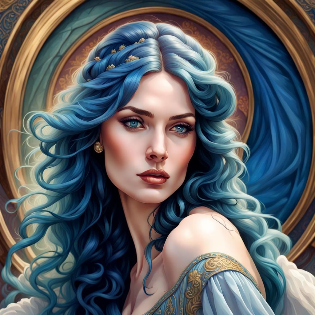 Fantasy Woman with Blue Hair in Pre-Raphaelite Style