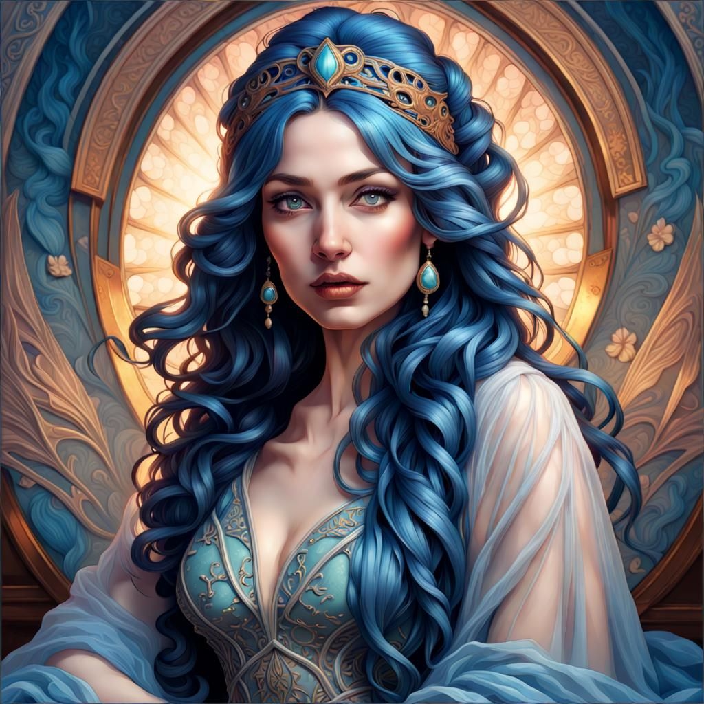 Beautiful Woman with Blue Hair in Pre-Raphaelite Style