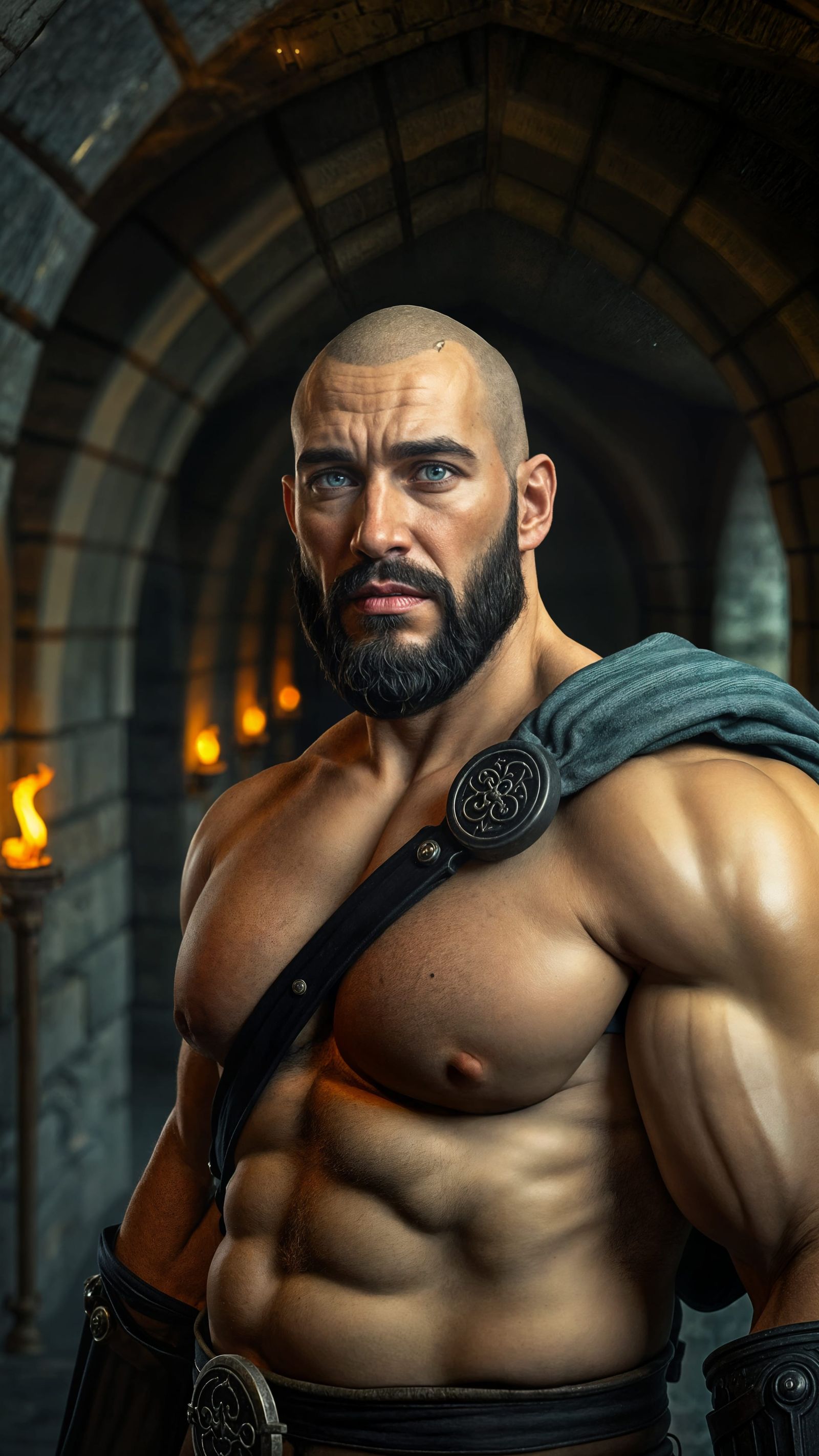 Muscular Guard in a Torchlit Stone Dungeon