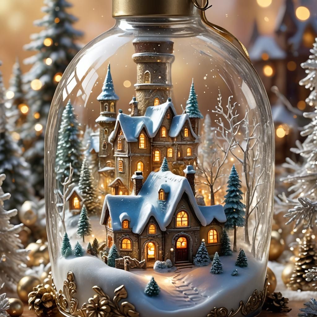 Christmas Village Inside Glass Bottle in Oil Painting Style