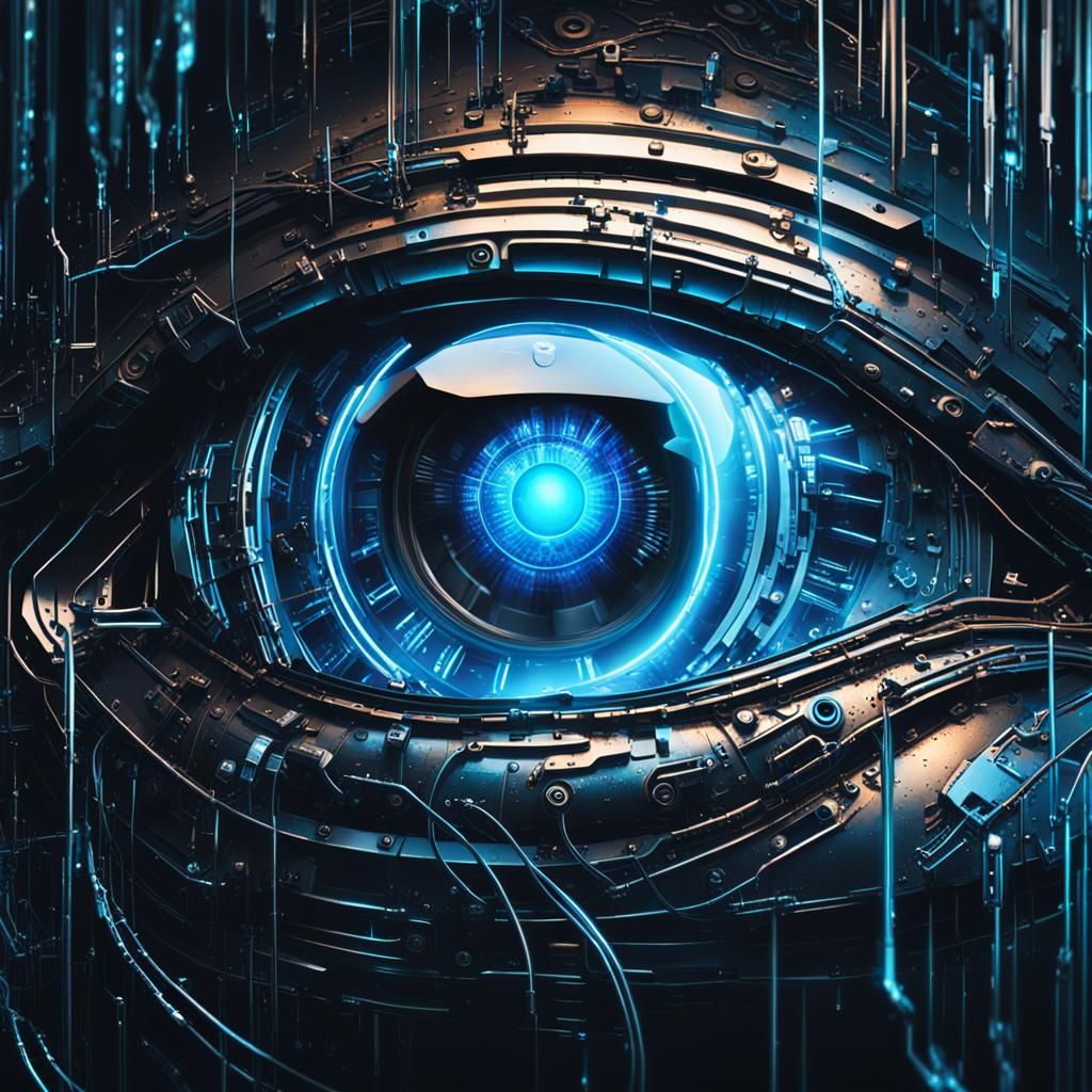 Glowing Cybernetic Eye in Neon Lit Darkness