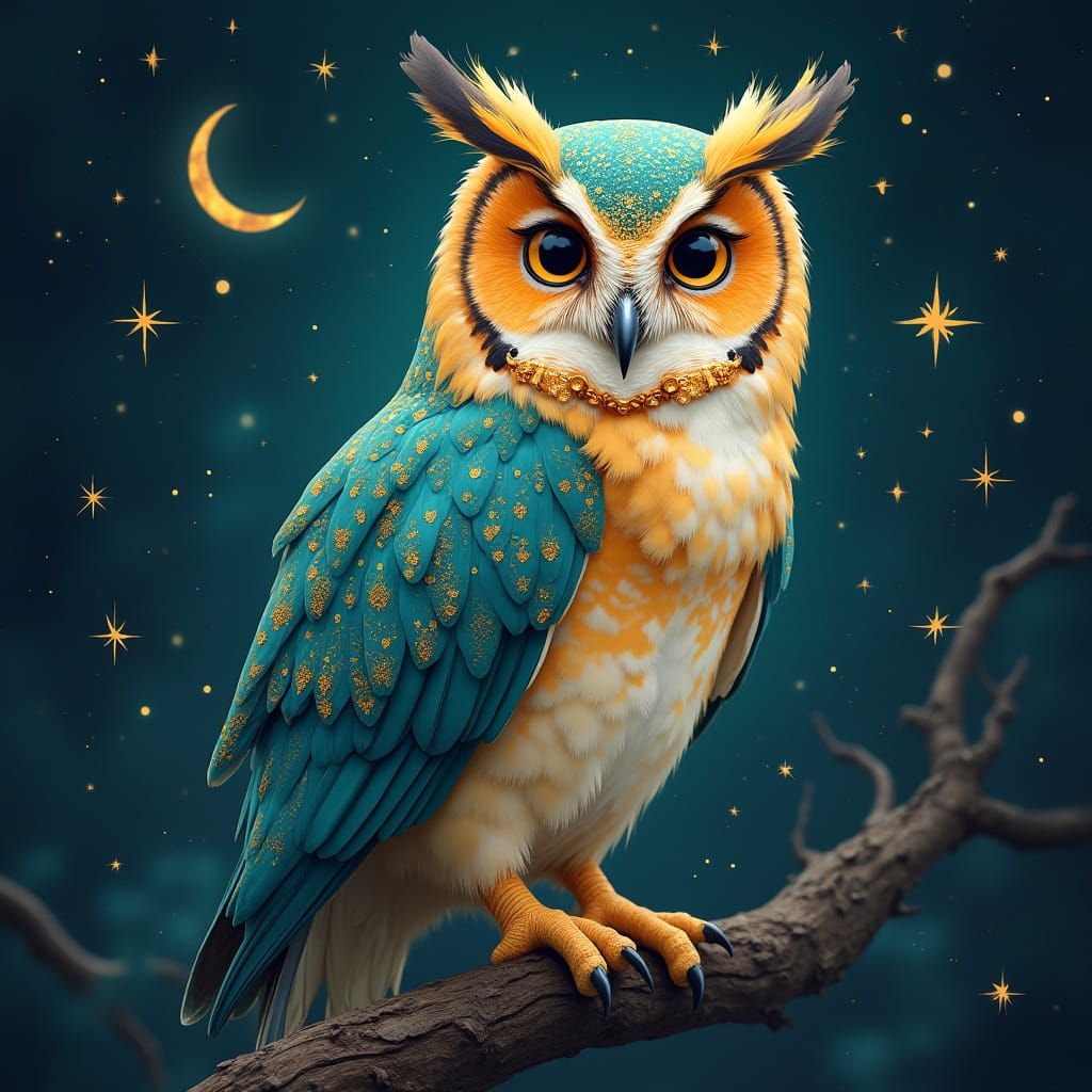 Celestial Owl with Teal and Gold Feathers