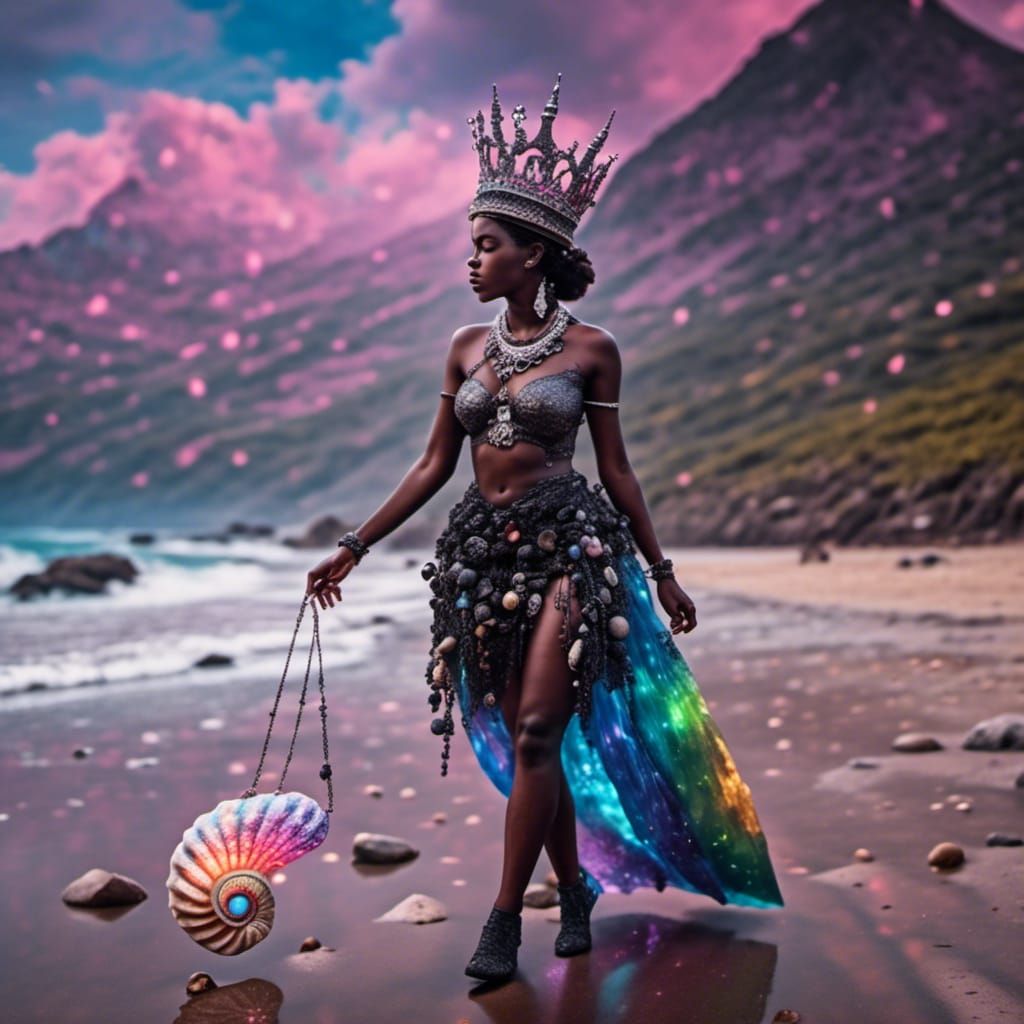 Yemaya with Seashell Crown Walking Onshore