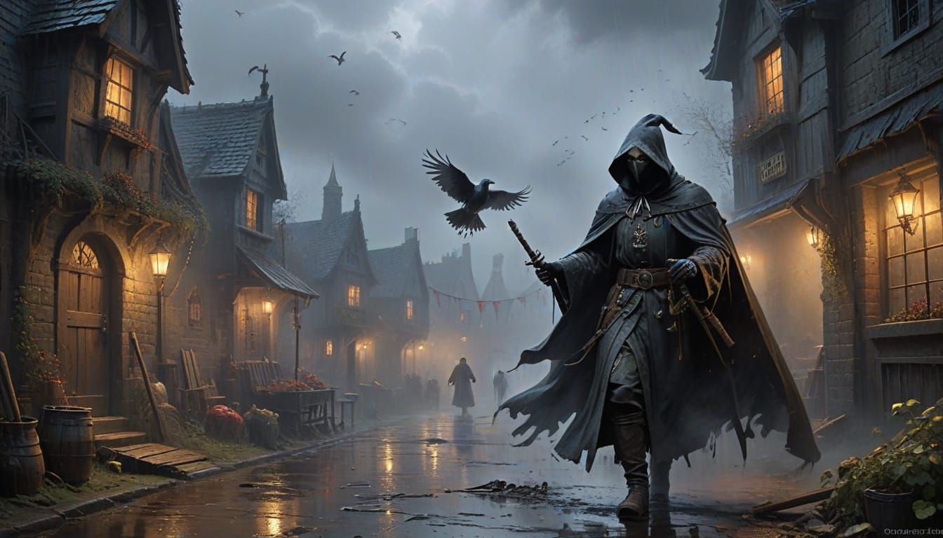 Plague Doctor on Medieval Street in Ethereal Fantasy Style