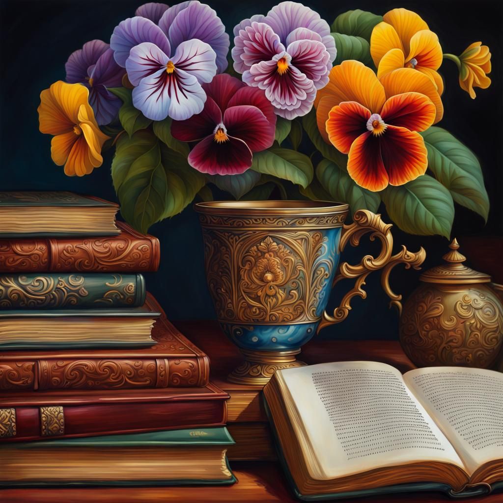 Hyperdetailed Oil Painting of Ancient Books and Flowers