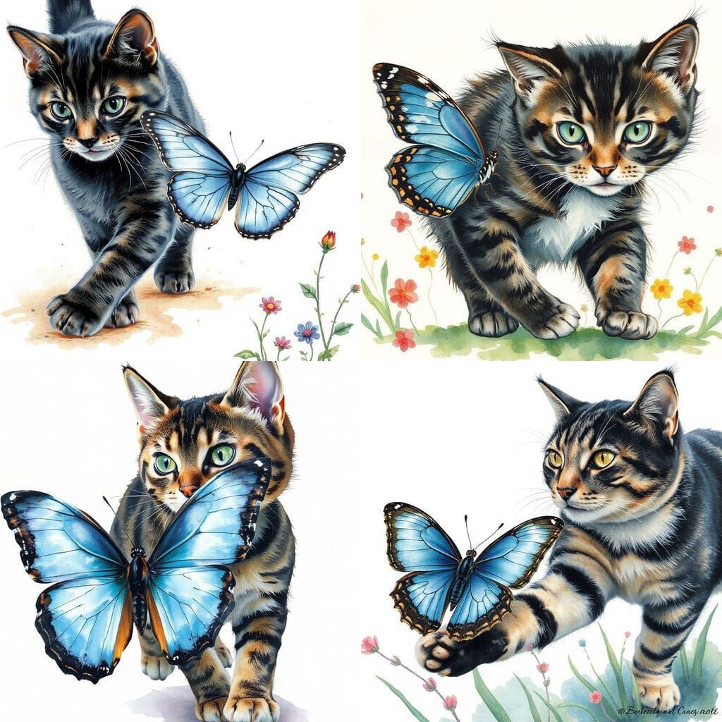 Tabby Cat and Morpho Butterfly in Kidcore Watercolor