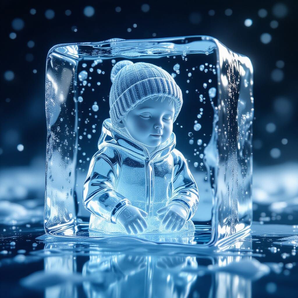 Ice Child: Hyperrealistic Sculpture in Transparent Cube