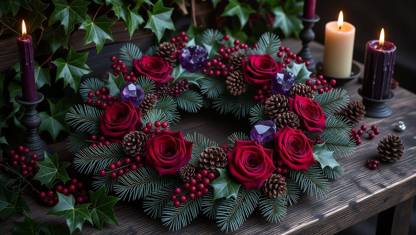 Mystical Midwinter Wreath with Roses and Amethyst
