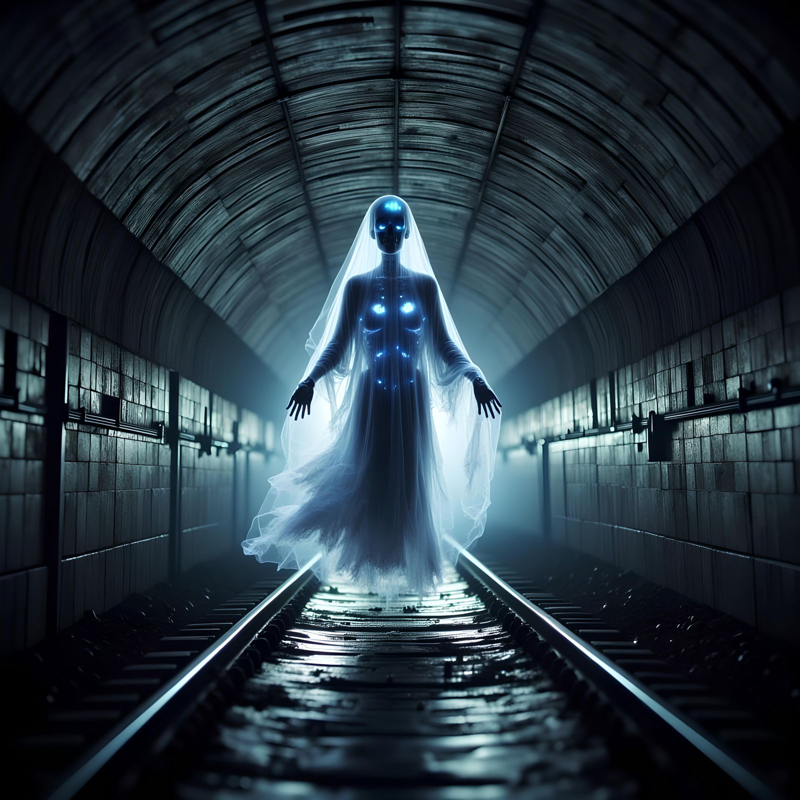 Ghostly Figures in Train Tunnel: Hyperrealistic Splash Art