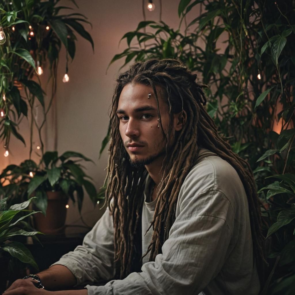 Dark Fantasy Portrait with Indoor Plants and Lights