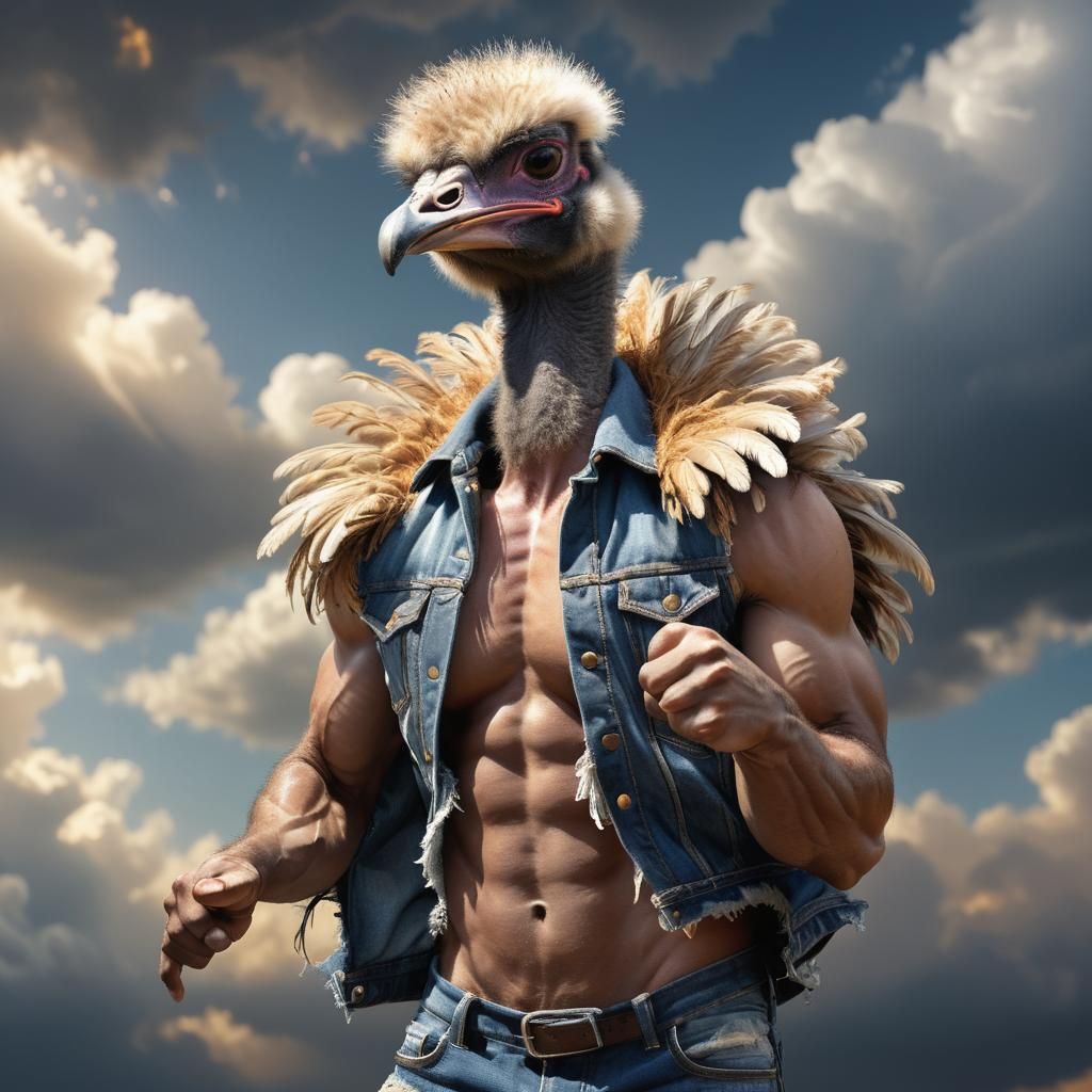 Hyperrealistic Emu-Human Hybrid Flexing in Dramatic Lighting