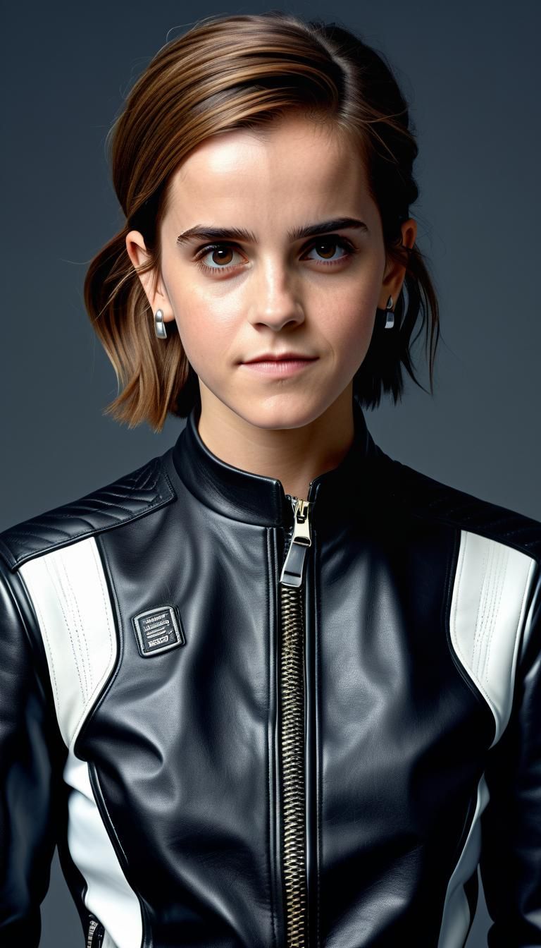 Emma Watson in 80s Biker Suit, Ultrarealistic Glamour Shot