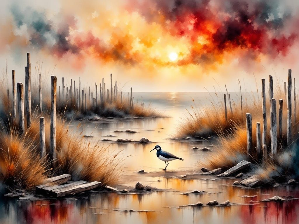 Ethereal Sunset Scene in Grungy Oil Painting Style