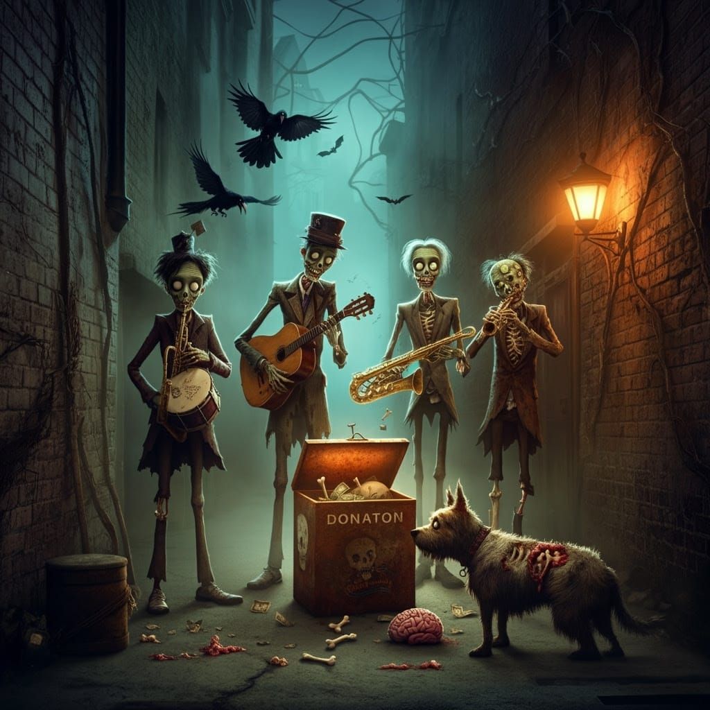 Zombie Musicians in Dark Whimsical Style