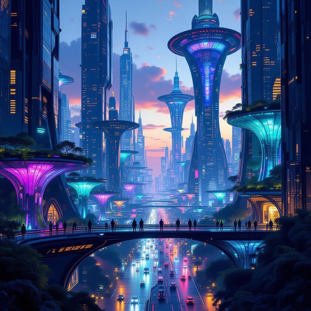 Futuristic Metropolis at Twilight with Bioluminescent Flora