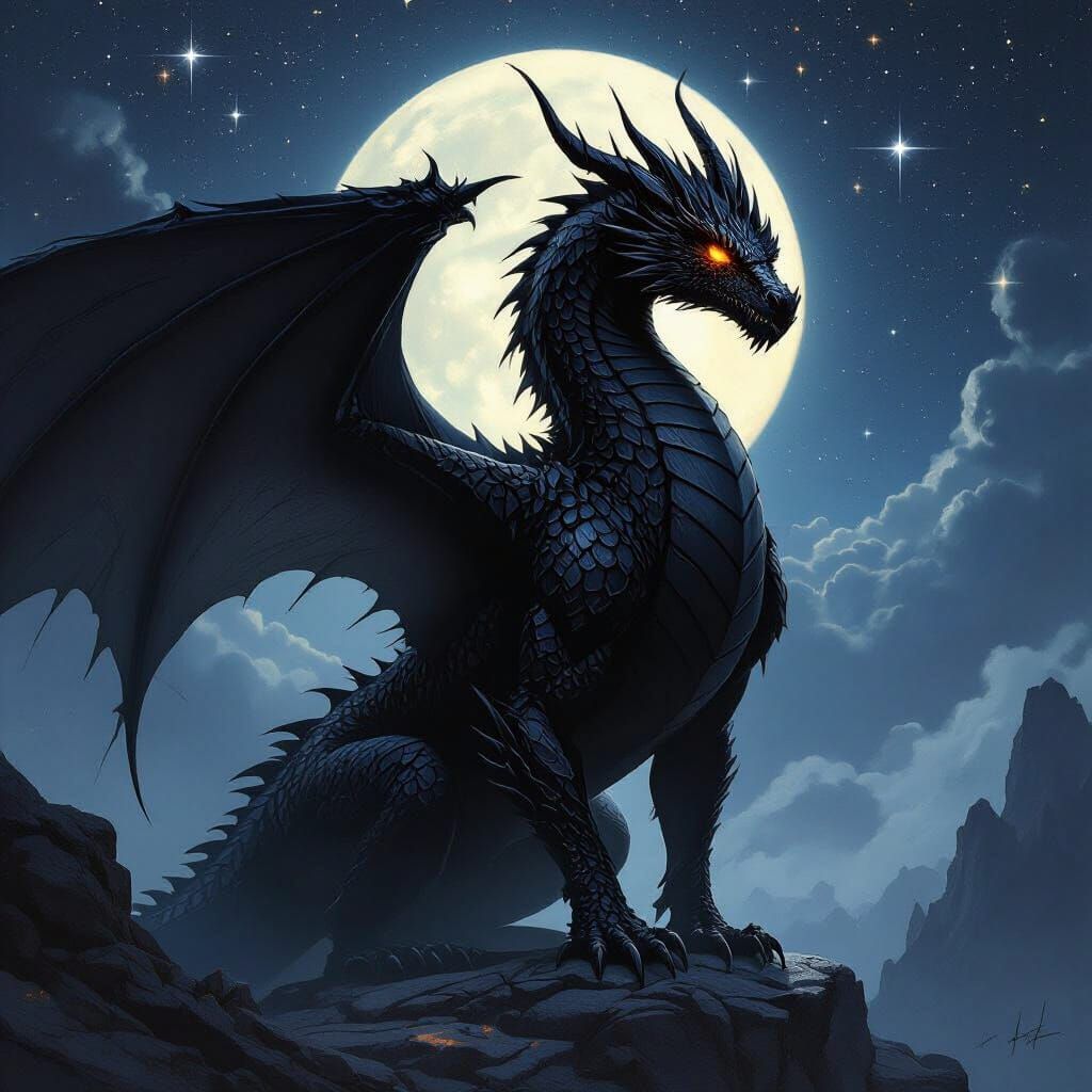 Majestic Black Dragon Against Starry Night Sky