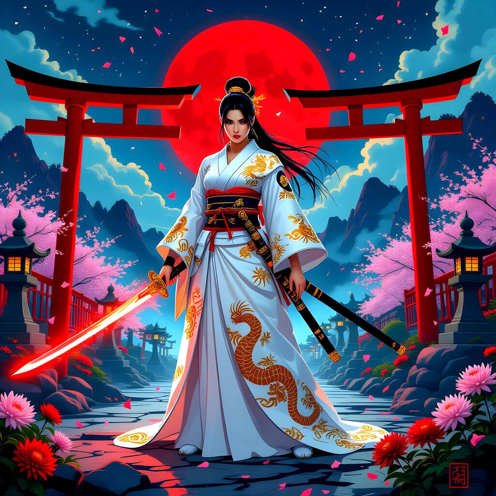 Female Warrior in Mystical Japanese Landscape